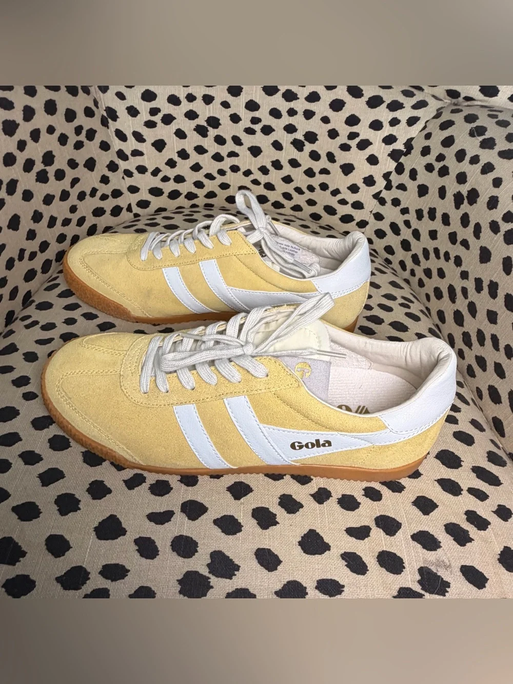 Gola Women’s  Yellow Suede Sneakers with White Stripes and Gum Sole